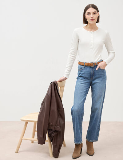 Jeans straight 7/8&egrave;me taille haute denim stone femme