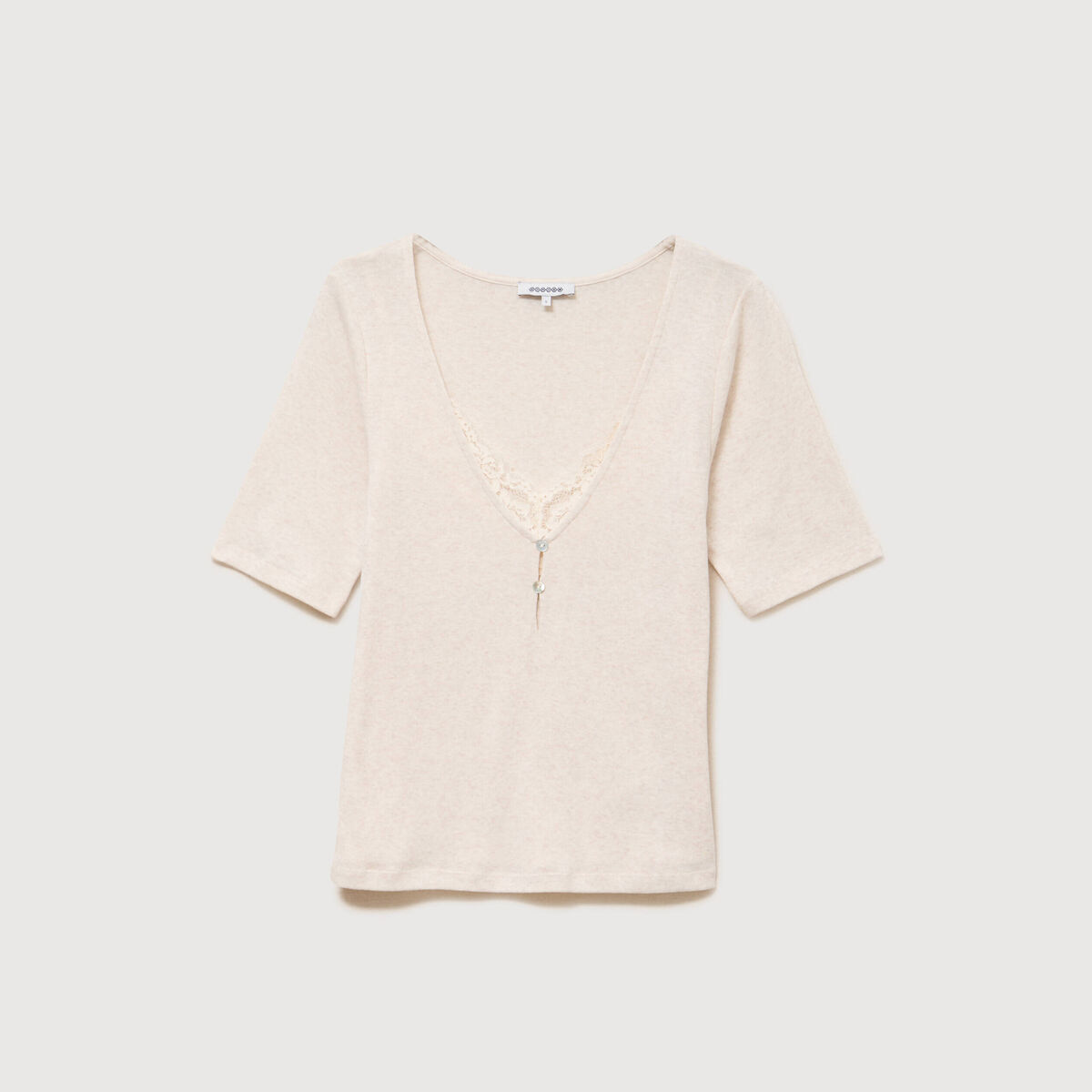 T-shirt ajust&eacute; col v manches coude creme femme