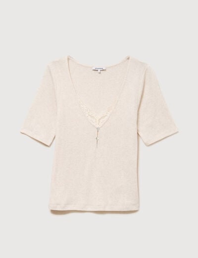 T-shirt ajust&eacute; col v manches coude creme femme