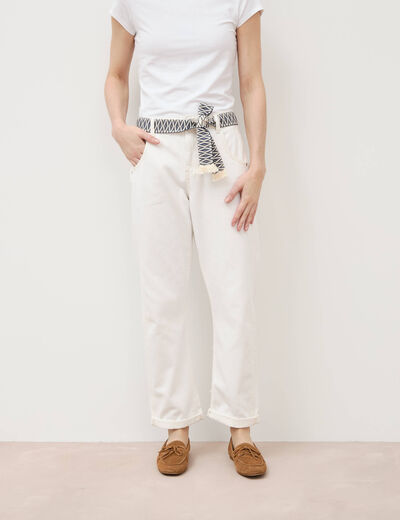 Jeans boyfriend ceintur&eacute; denim blanc femme