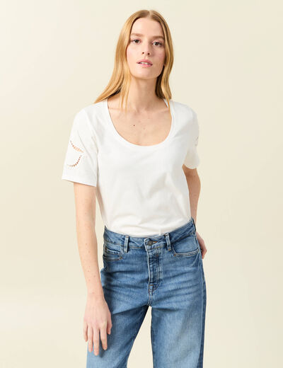 T-shirt manches courtes brodé ecru femme