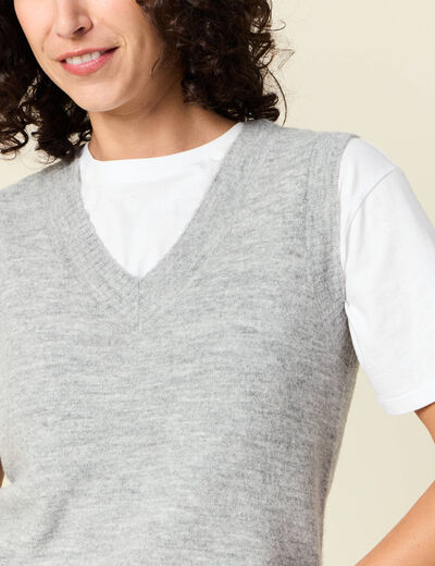 Pull sans manches col en V gris clair femme