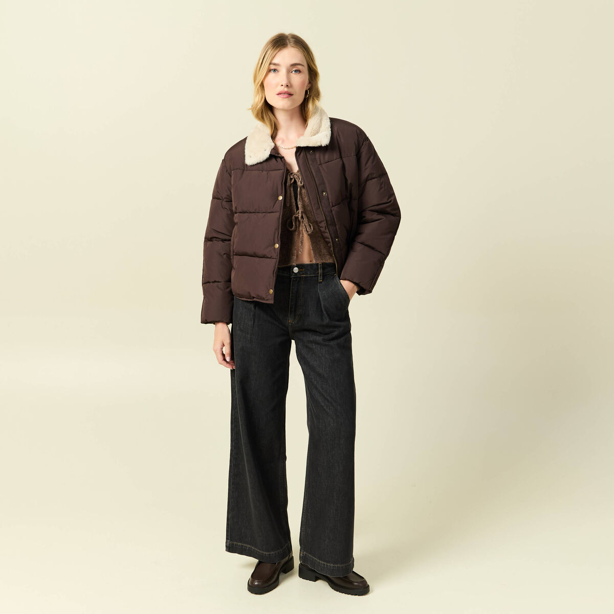 Gilet col V manches longues n&oelig;uds marron femme