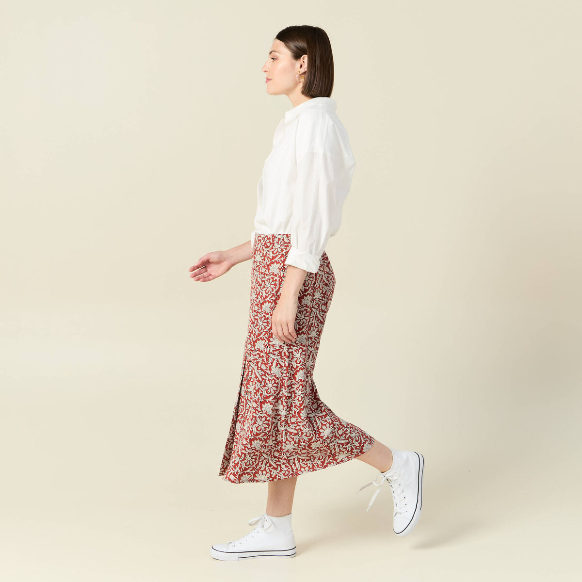 Jupe midi droite fluide bleu gris femme