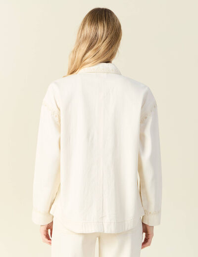 Blouson boutonné brodé denim blanc femme
