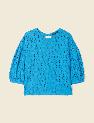 T-shirt manches 3/4 ajouré bleu femme