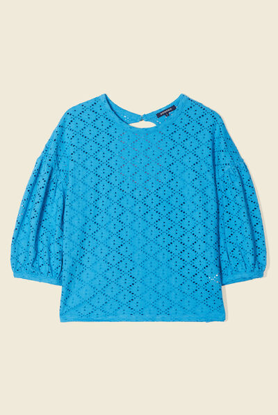 T-shirt manches 3/4 ajouré bleu femme