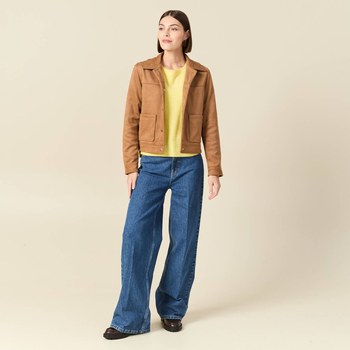 Pull col bateau manches longues jaune clair femme