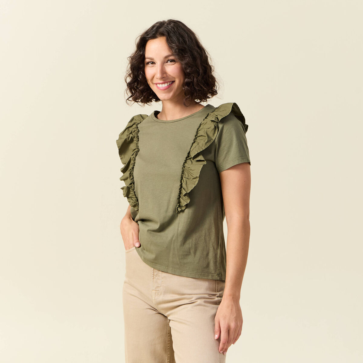 T-shirt en coton manches courtes vert kaki femme