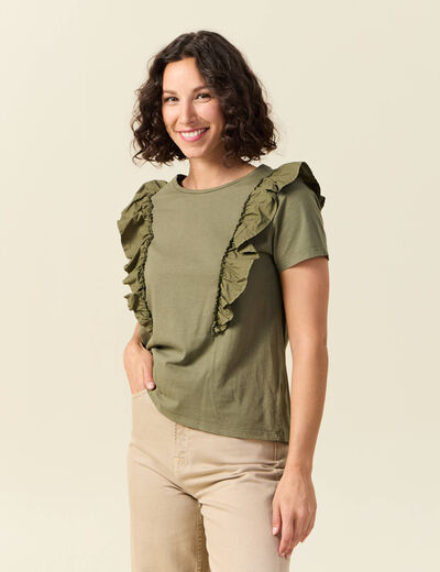 T-shirt en coton manches courtes vert kaki femme