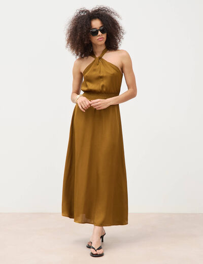 Robe satin&eacute;e col montant sans manches vert olive femme