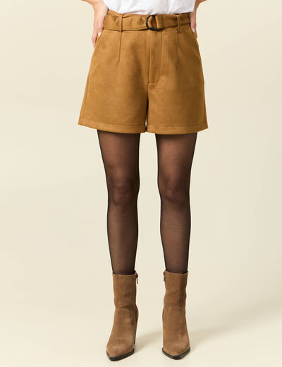 Short droit ceinturé suédine marron femme