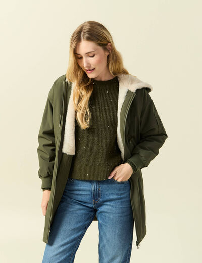 Parka oversize mi-longue &agrave; capuche vert kaki femme