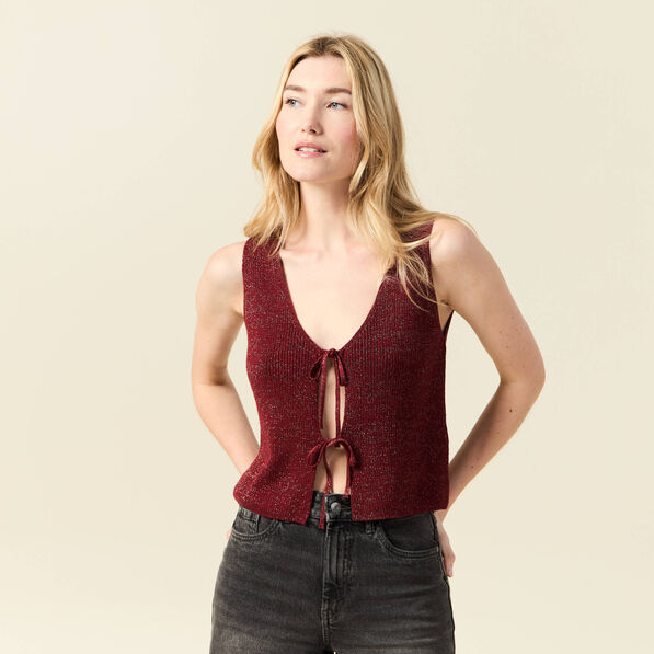 Débardeur tricot noué rose framboise femme