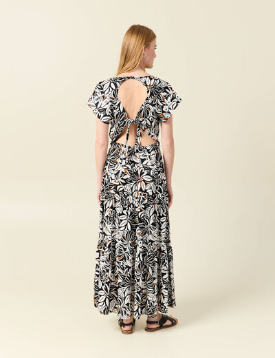 Robe longue évasée dos ouvert noir femme