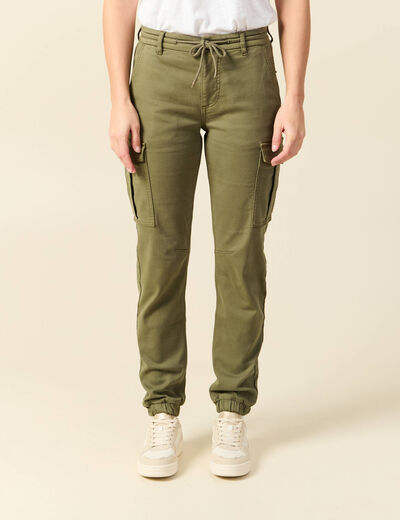 Pantalon cargo battle 7/8&egrave;me en maille vert kaki femme