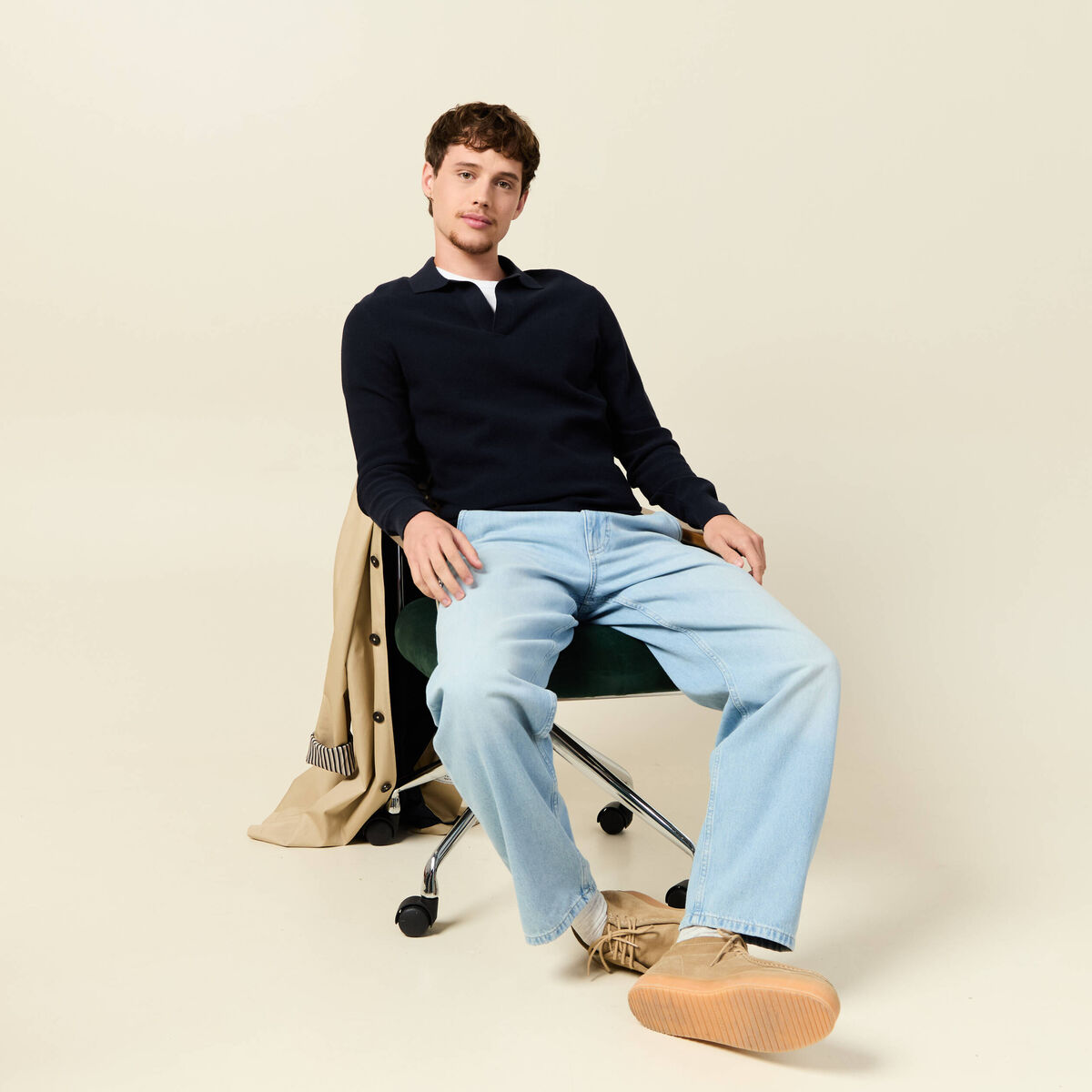 Pull droit col polo manches longues bleu marine homme