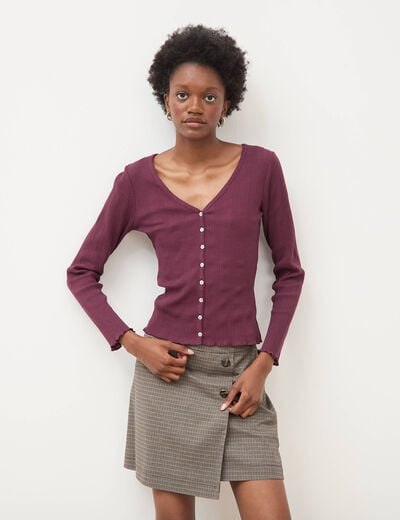 T-shirt col v manches longues ajust&eacute; prune femme