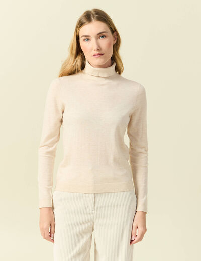 Pull fin col roul&eacute; manches longues creme femme