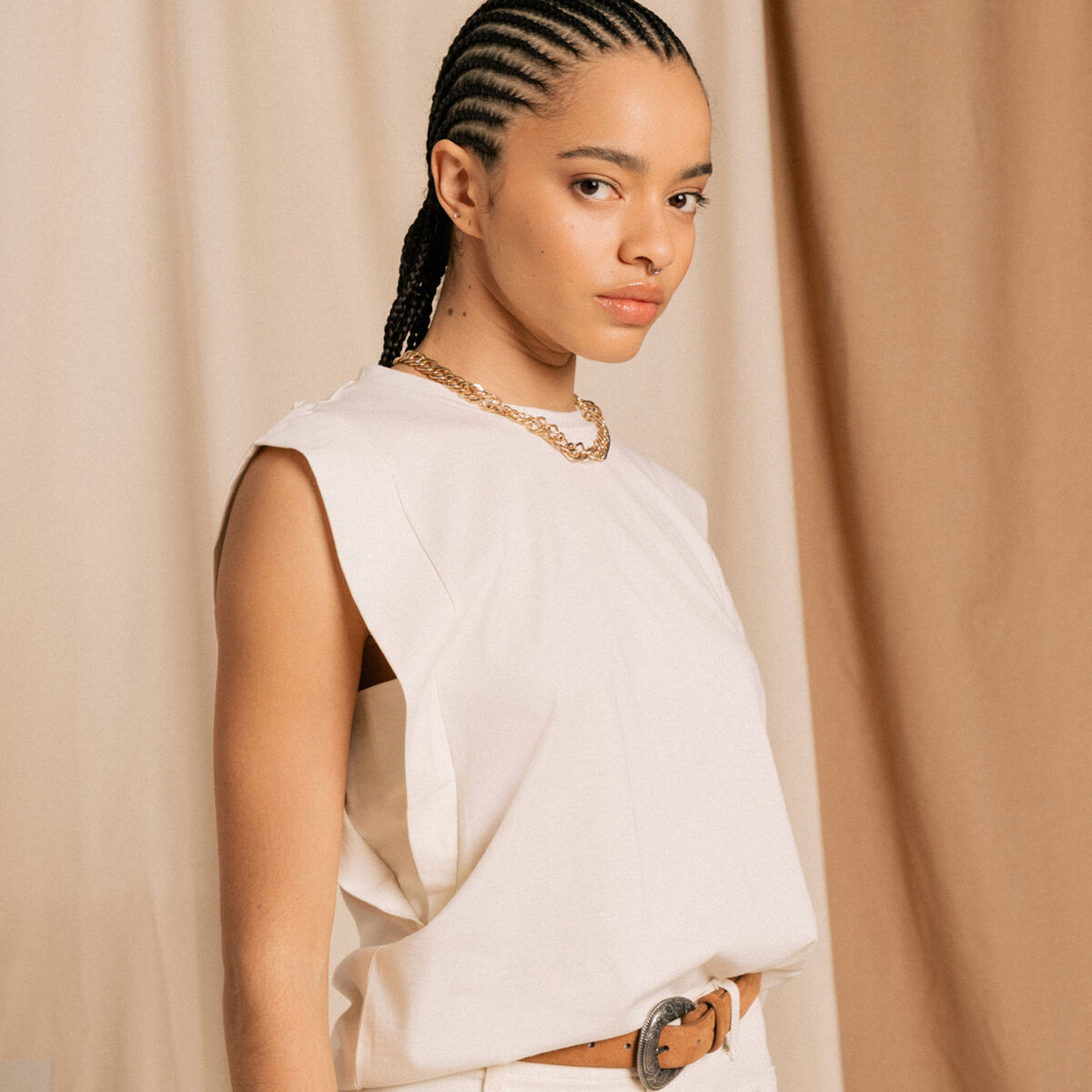 T-shirt en coton sans manches creme femme