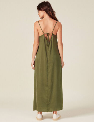 Robe longue droite satin vert kaki femme