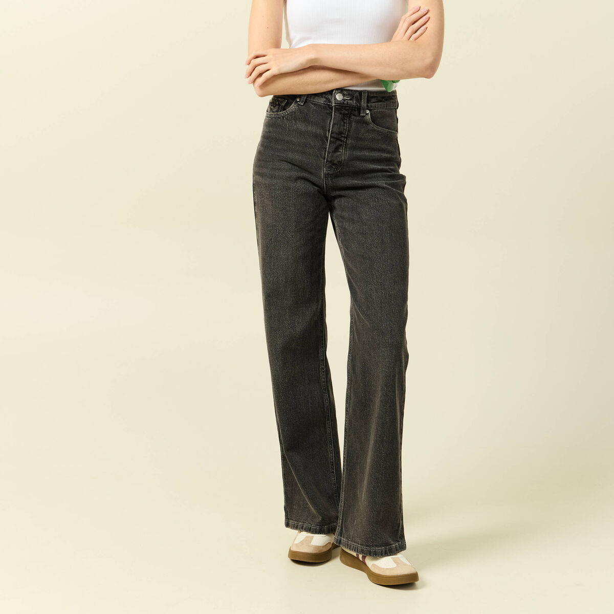 Jeans large taille haute denim snow gris femme