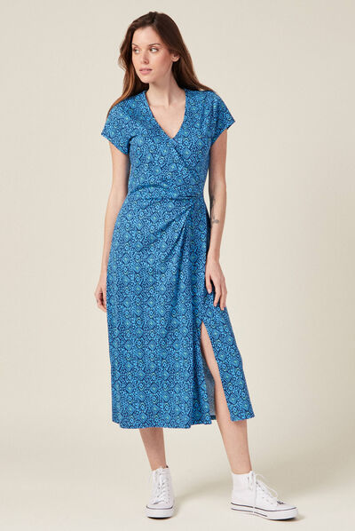 Robe midi droite drapée bleu femme