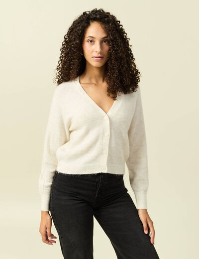 Gilet ajour&eacute; col V manches longues creme femme