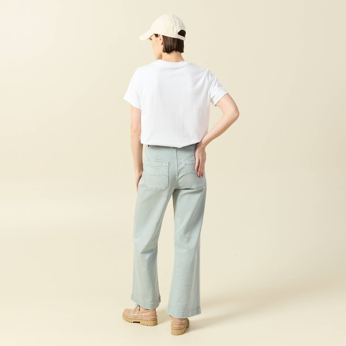 Jeans large cropped taille haute bleu gris femme