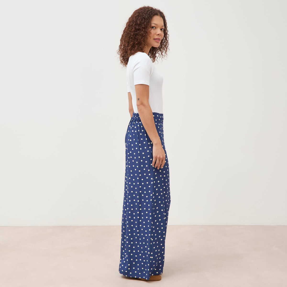 Pantalon large taille haute bleu marine femme