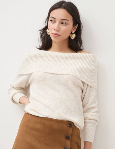 Pull droit manches longues bardot ecru femme