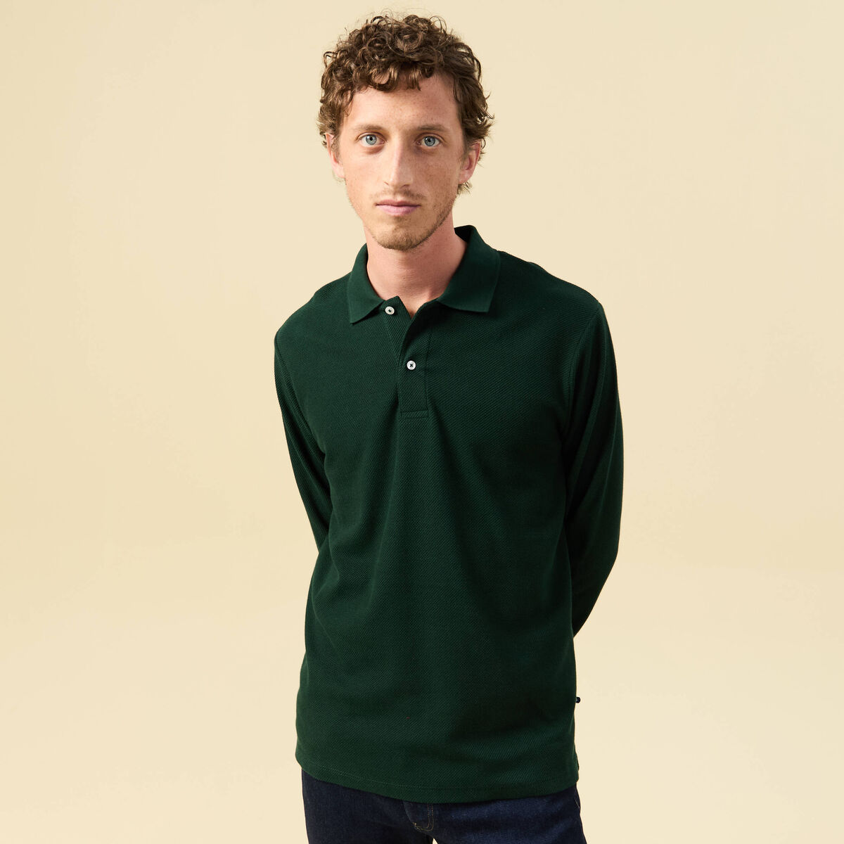 Polo manches longues en coton vert fonc&eacute; homme