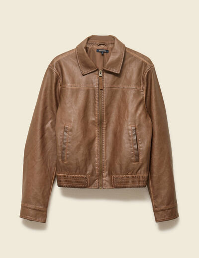 Bomber ajust&eacute; similicuir col tailleur marron femme