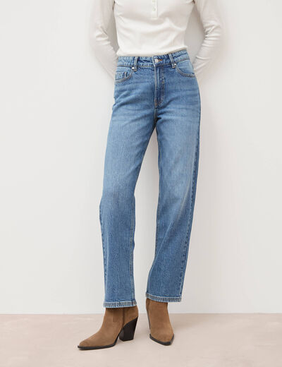 Jeans straight 7/8&egrave;me taille haute denim stone femme