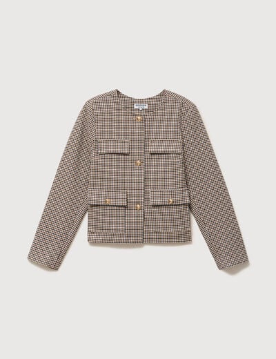 Veste &agrave; carreaux manches longues marron femme