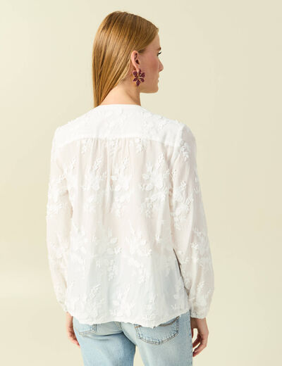 Chemise col rond manches longues brod&eacute;e ecru femme