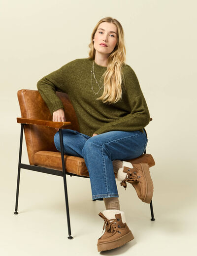 Pull col rond manches longues vert kaki femme