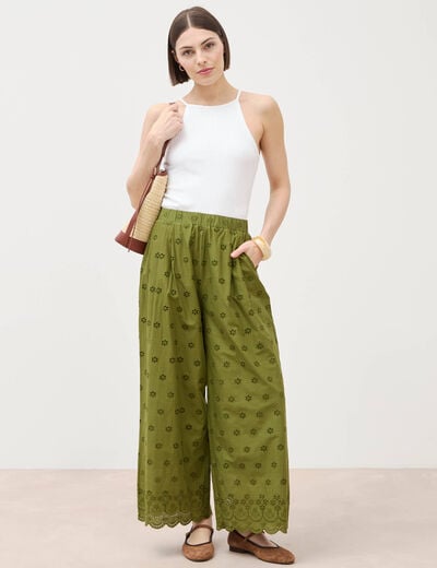 Pantalon droit 7/8&egrave;me brod&eacute; vert kaki femme