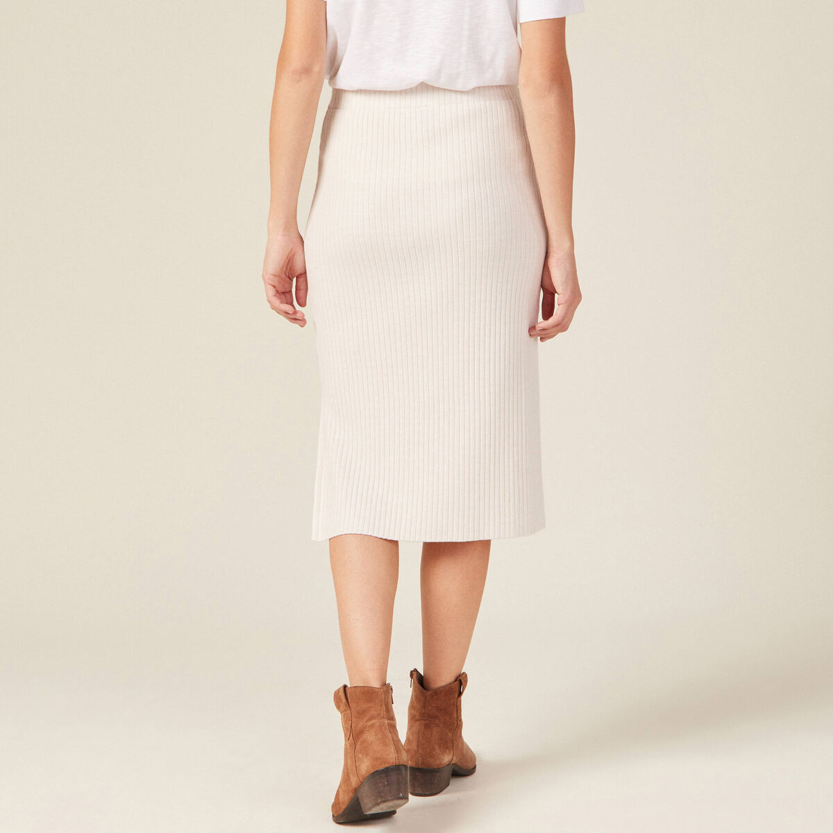 Jupe tricot midi ajustée beige femme