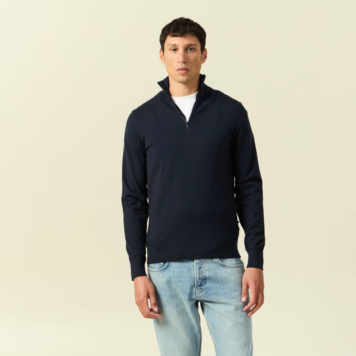 Pull fin col camionneur manches longues bleu marine homme