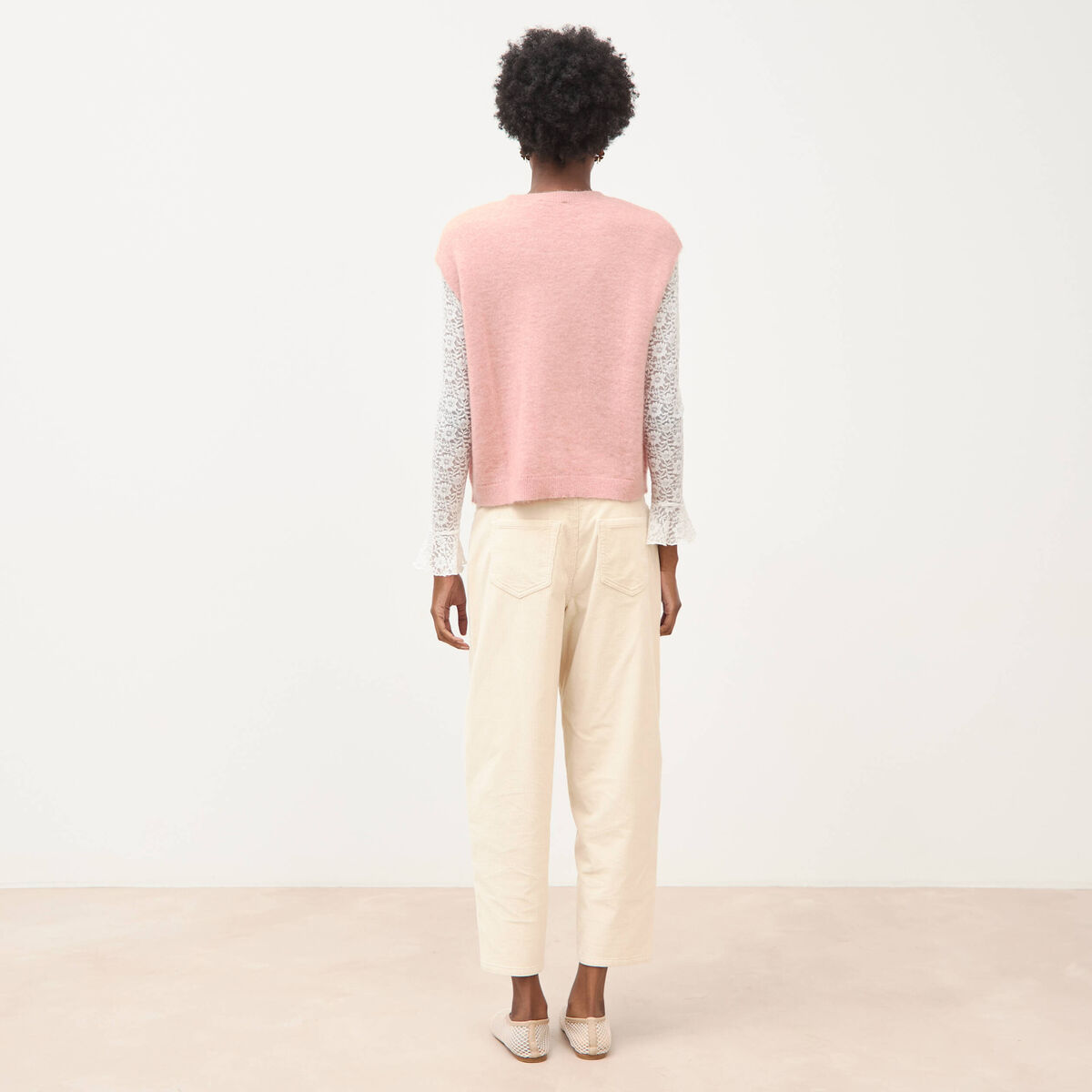 Pull droit court sans manches col rond rose pastel femme
