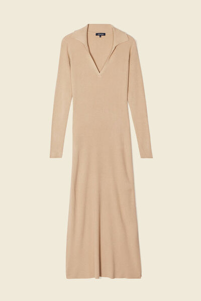 Robe pull longue moulante beige femme