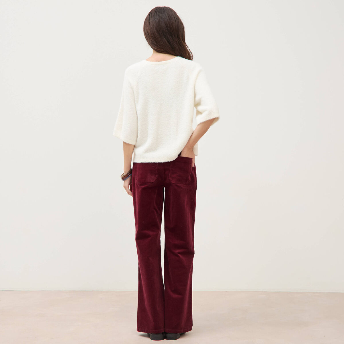Pull droit manches 3/4 col rond ecru femme