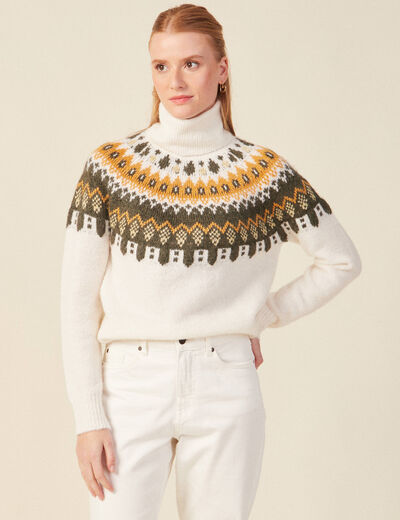 Pull manches longues col roulé ecru femme