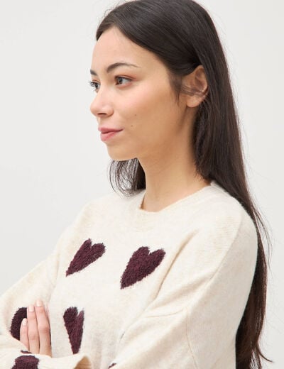 Pull manches longues bouclette col rond prune femme