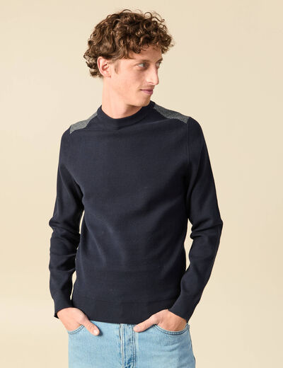 Pull fin col rond manches longues bleu marine homme