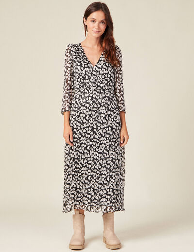 Robe longue évasée manches 3/4 noir femme