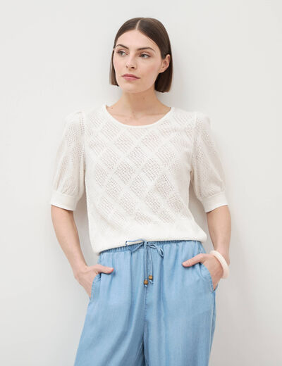 Pull ajour&eacute; droit court manches courtes ecru femme