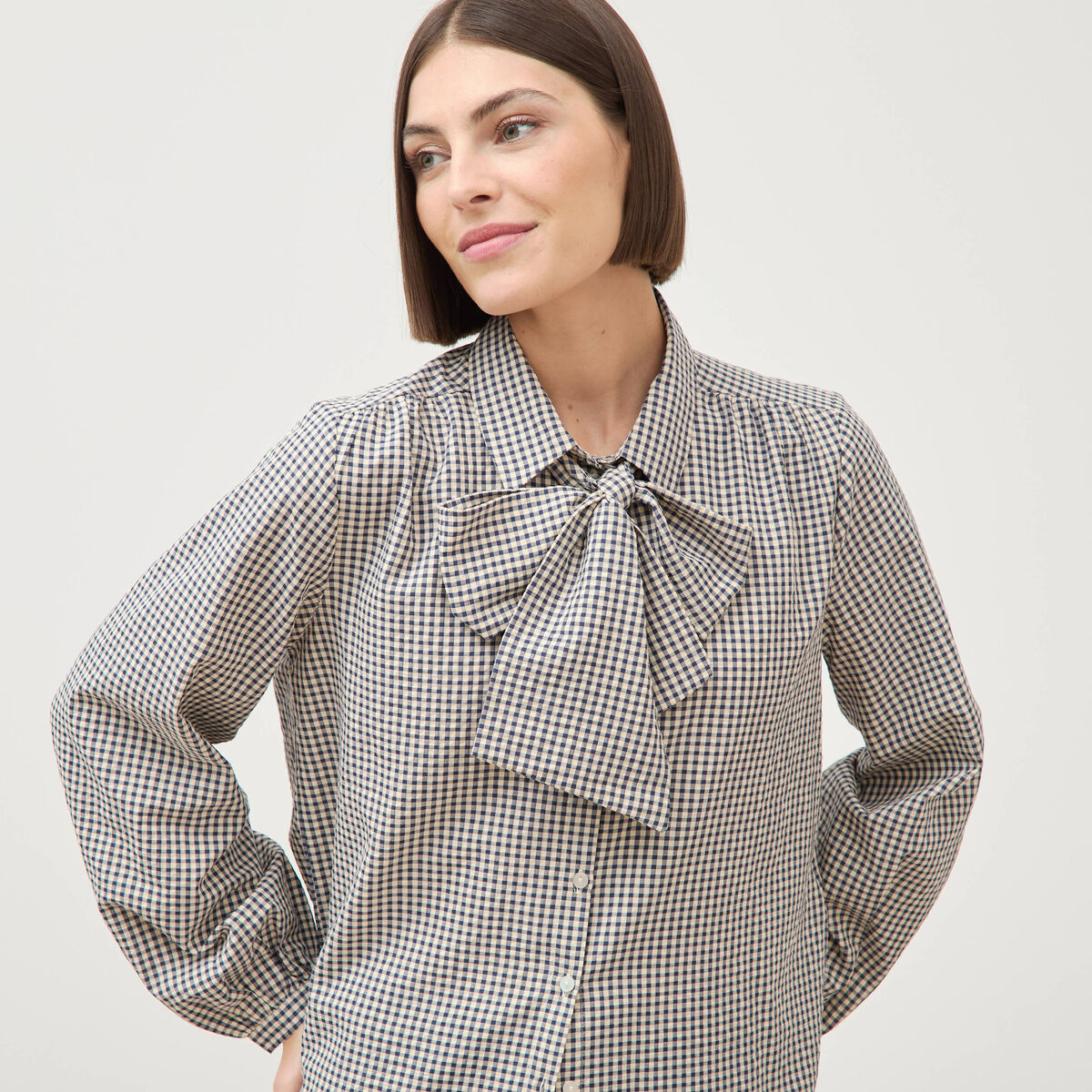 Chemise vichy droite manches longues bleu femme
