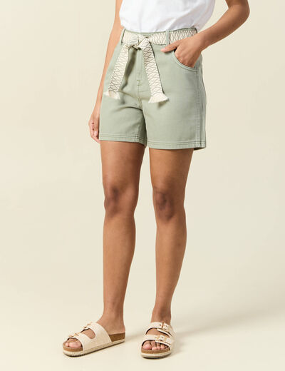 Short boyfriend ceinturé jean vert kaki femme